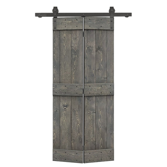 CALHOME 36-in x 84-in Weather Gray Mid-Bar Pine Wood Solid core Single bifold Barn Door (Hardware Included)