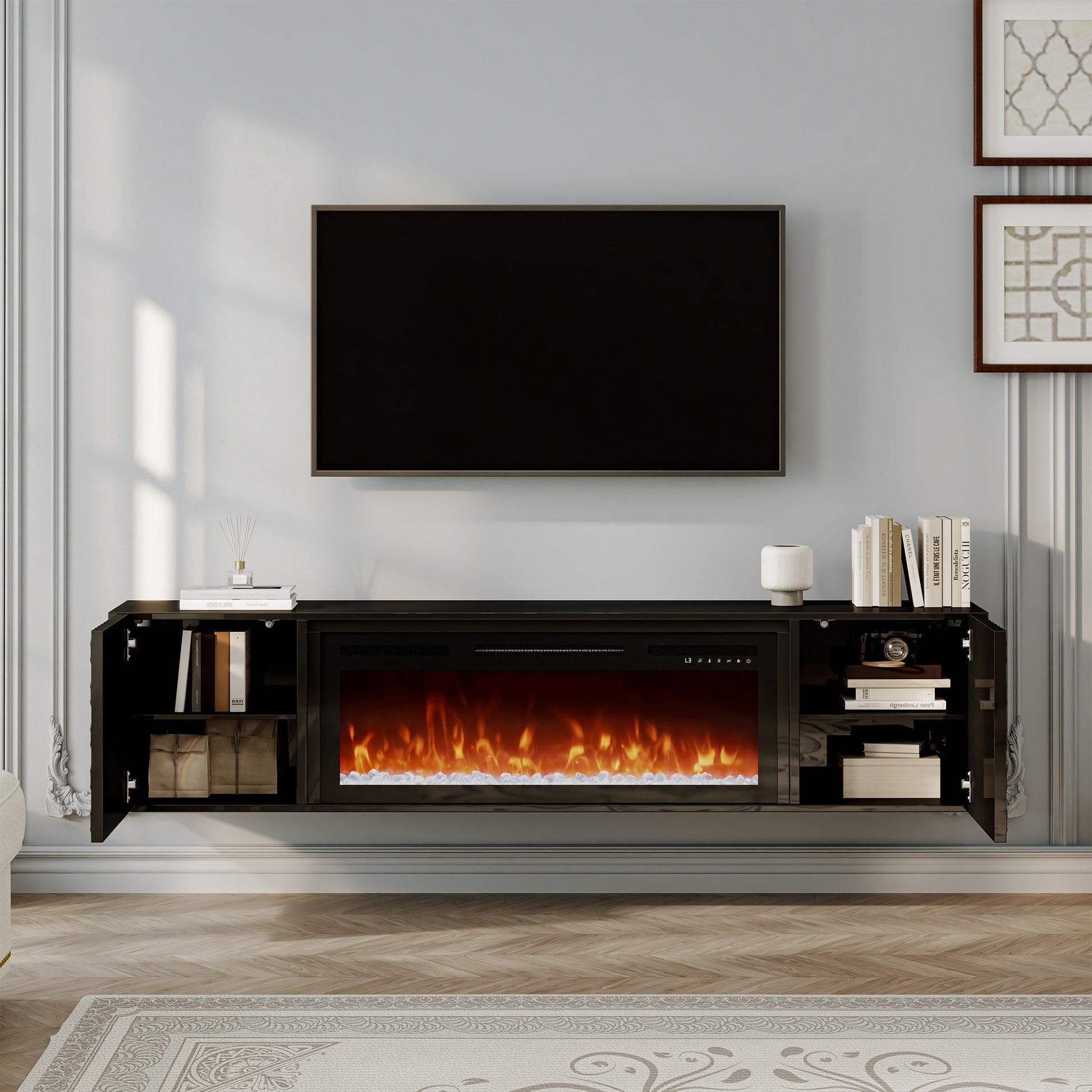 Clihome 67.32-in W Black TV Stand with Fan-forced Electric Fireplace CL-WMTVS017-EXP-F018