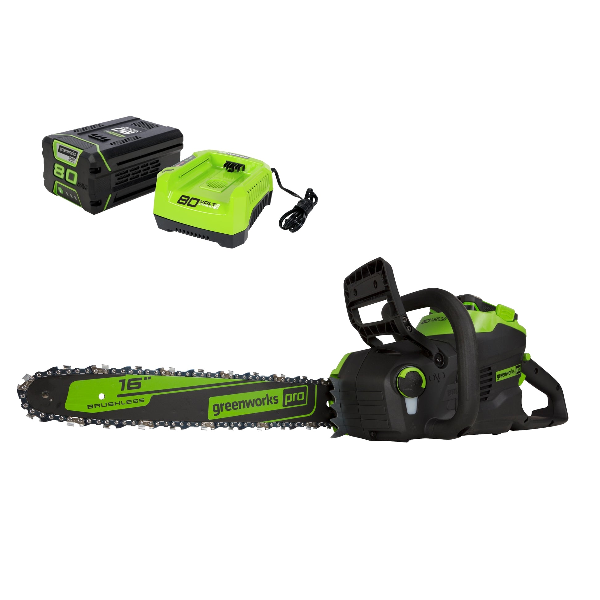 Greenworks Pro 80-volt 16-in Brushless Battery 2.5 Ah Chainsaw (Battery and Charger Included) CS80L2512