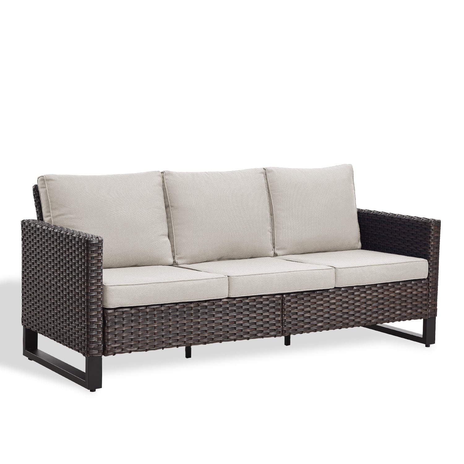 Rilyson U-Feet Wicker Outdoor Sofa with Beige Cushions and Wicker Frame