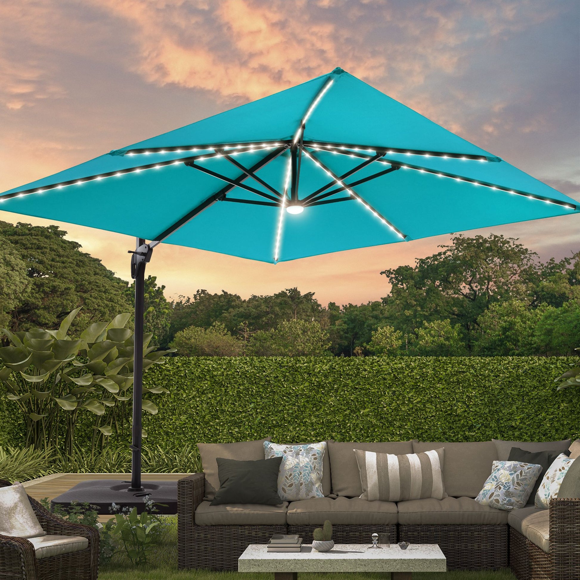 Sonkuki 10-ft Aluminum Blue No-tilt Cantilever Patio Umbrella with Lights with Base