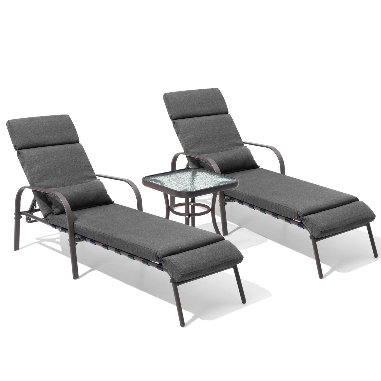 Crestlive Products Folding Chaise Lounge with Table 3 -Piece Patio Conversation Set with Gray Cushions