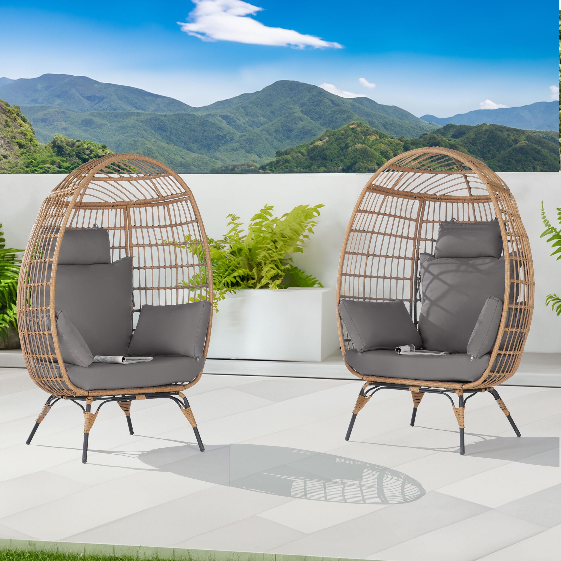 SANSTAR Patio Chairs Set of 2 Wicker Brown Metal Frame Stationary Egg Chair with Light gray 220gsm Polyester Cushioned Seat