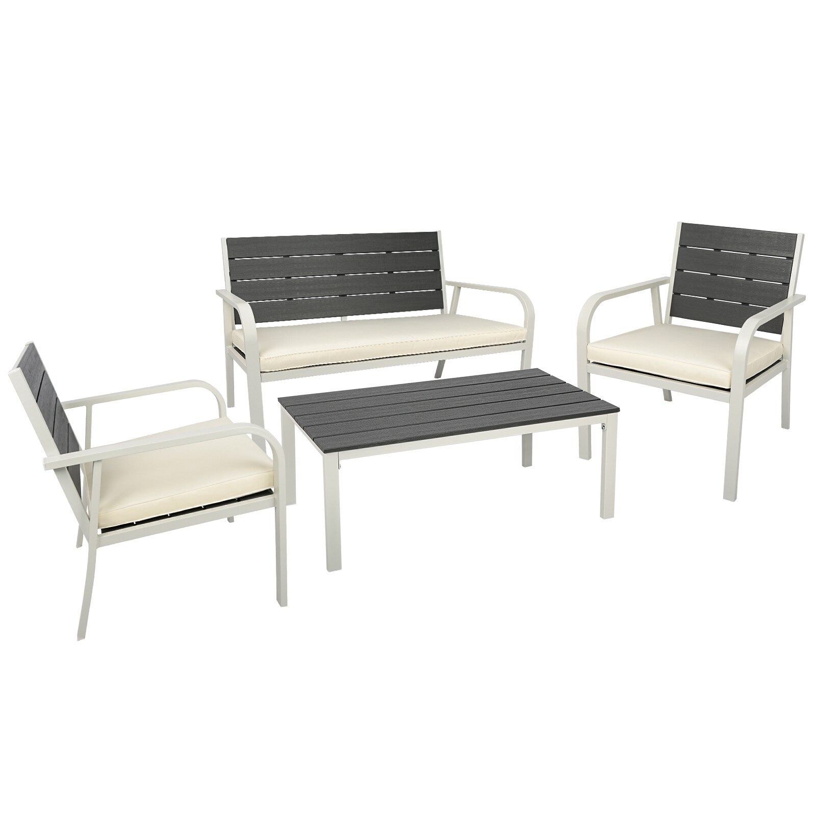 CESICIA Patio Furniture Sets Set of 3 Stackable White Steel Frame Stationary Conversation Chair with Off-white Cushioned Seat