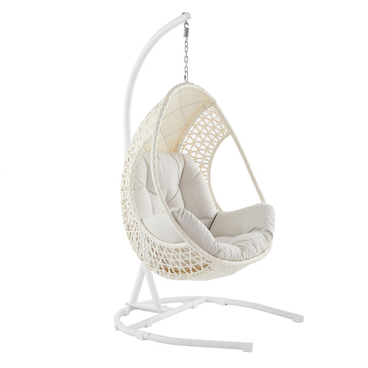 PEAK HOME FURNISHINGS Hanging Egg Chair Wicker White Steel Frame Hanging Egg Chair with White Cushioned Seat