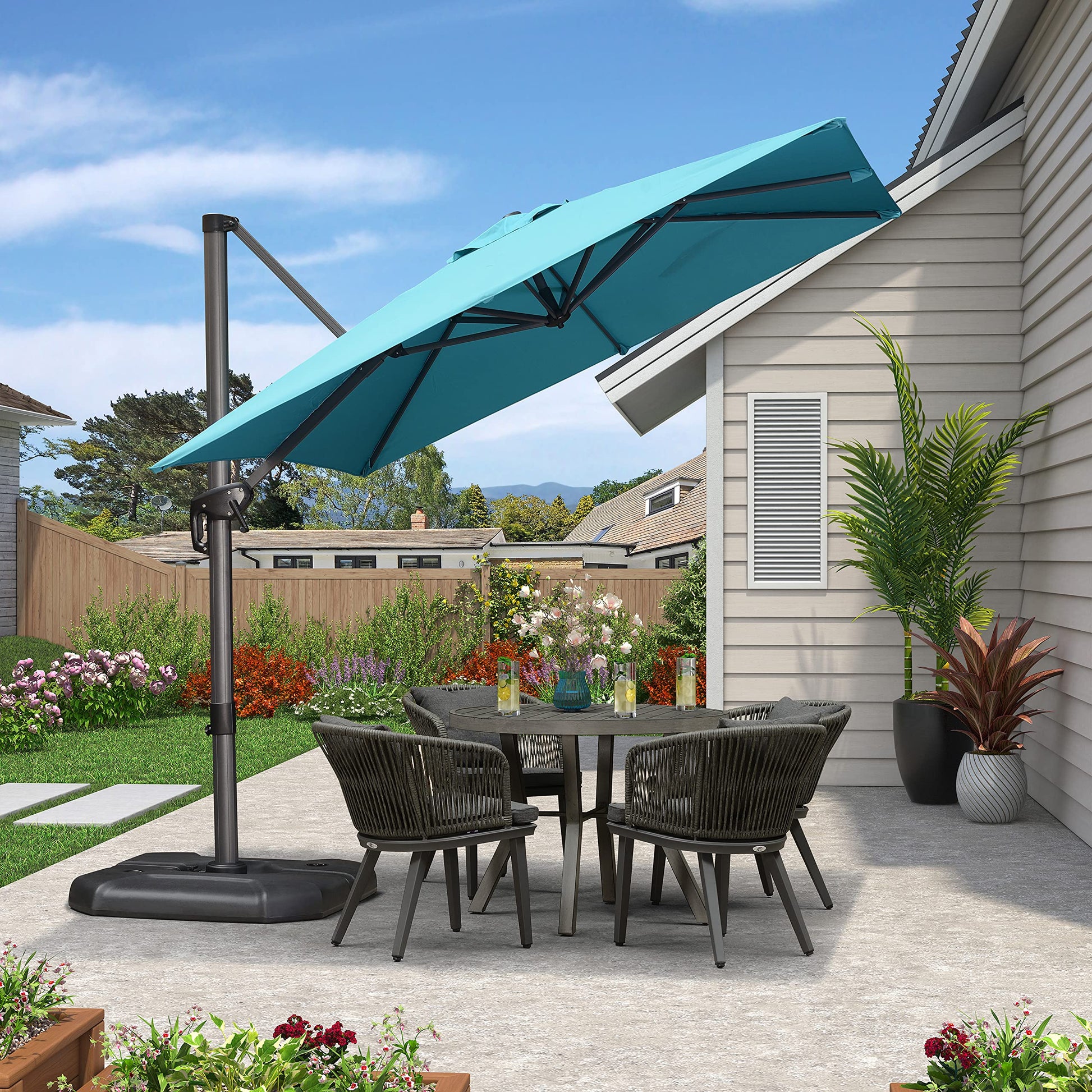 PURPLE LEAF 8-ft Aluminum Blue Crank Cantilever Patio Umbrella with Base