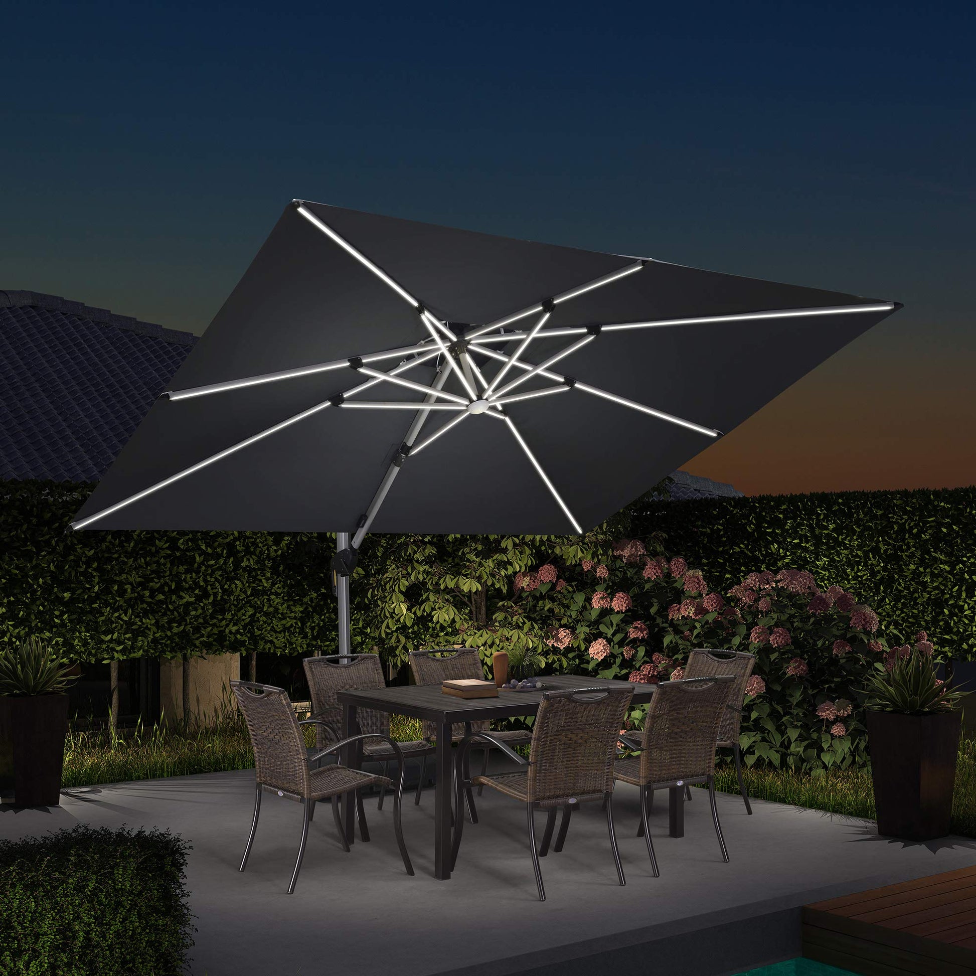 PURPLE LEAF 9-ft Aluminum Gray Crank Cantilever Patio Umbrella with Lights and