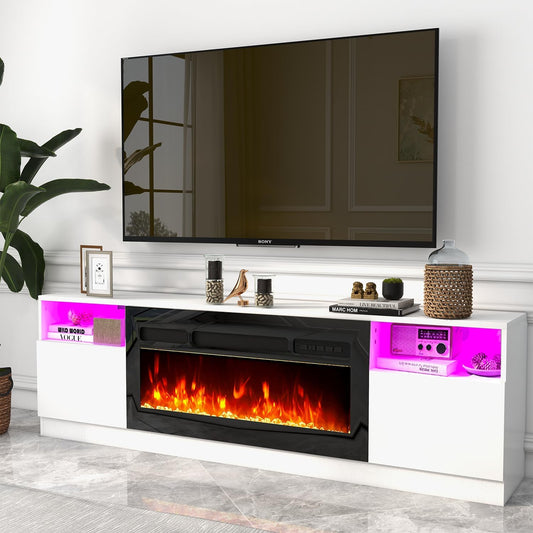 AOXUN 70-in W White TV Stand with LED Electric Fireplace H21007WH+H20023