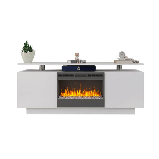 Bybafun 63-in W White TV Stand with LED Electric Fireplace YC1600012