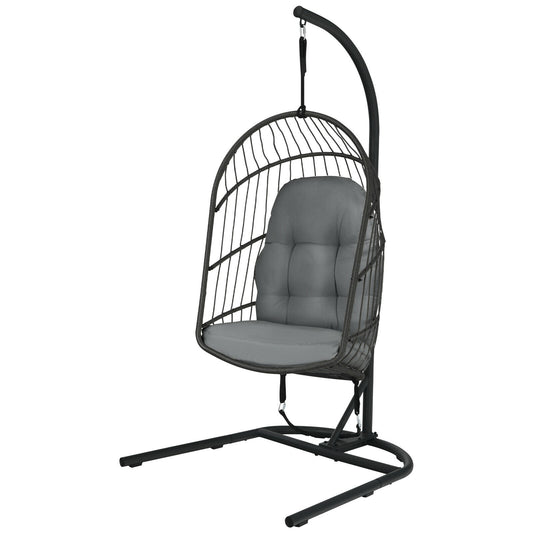 Forclover Patio Swing Egg Chair Rattan Black Stainless steel Frame Hanging Egg Chair with Gray Cushioned Seat