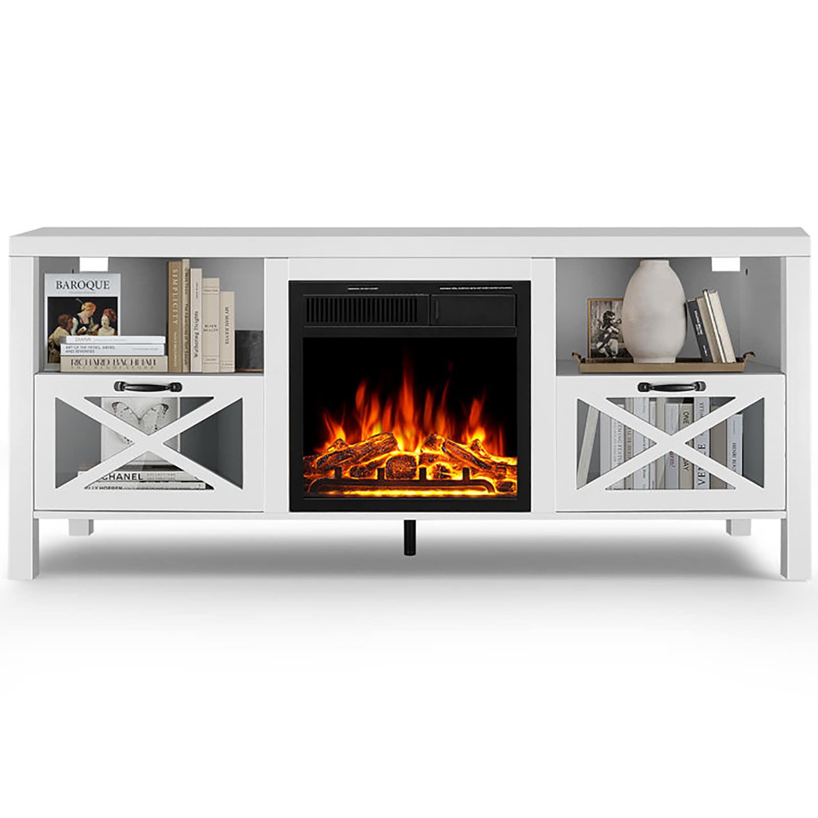 COWSAR 60.31-in W White TV Stand with Infrared Quartz Electric Fireplace M2305-WHITE