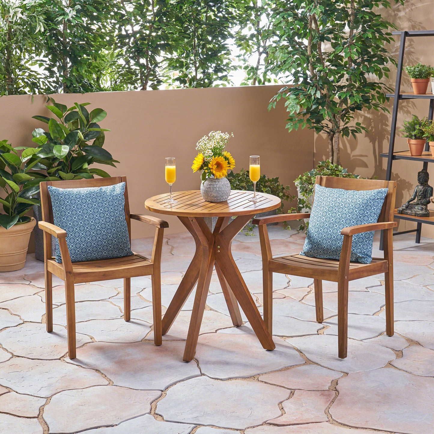Best Selling Home Decor 3 -Piece Teak Patio Dining Set Wood Round Table with 2 Stationary Chairs