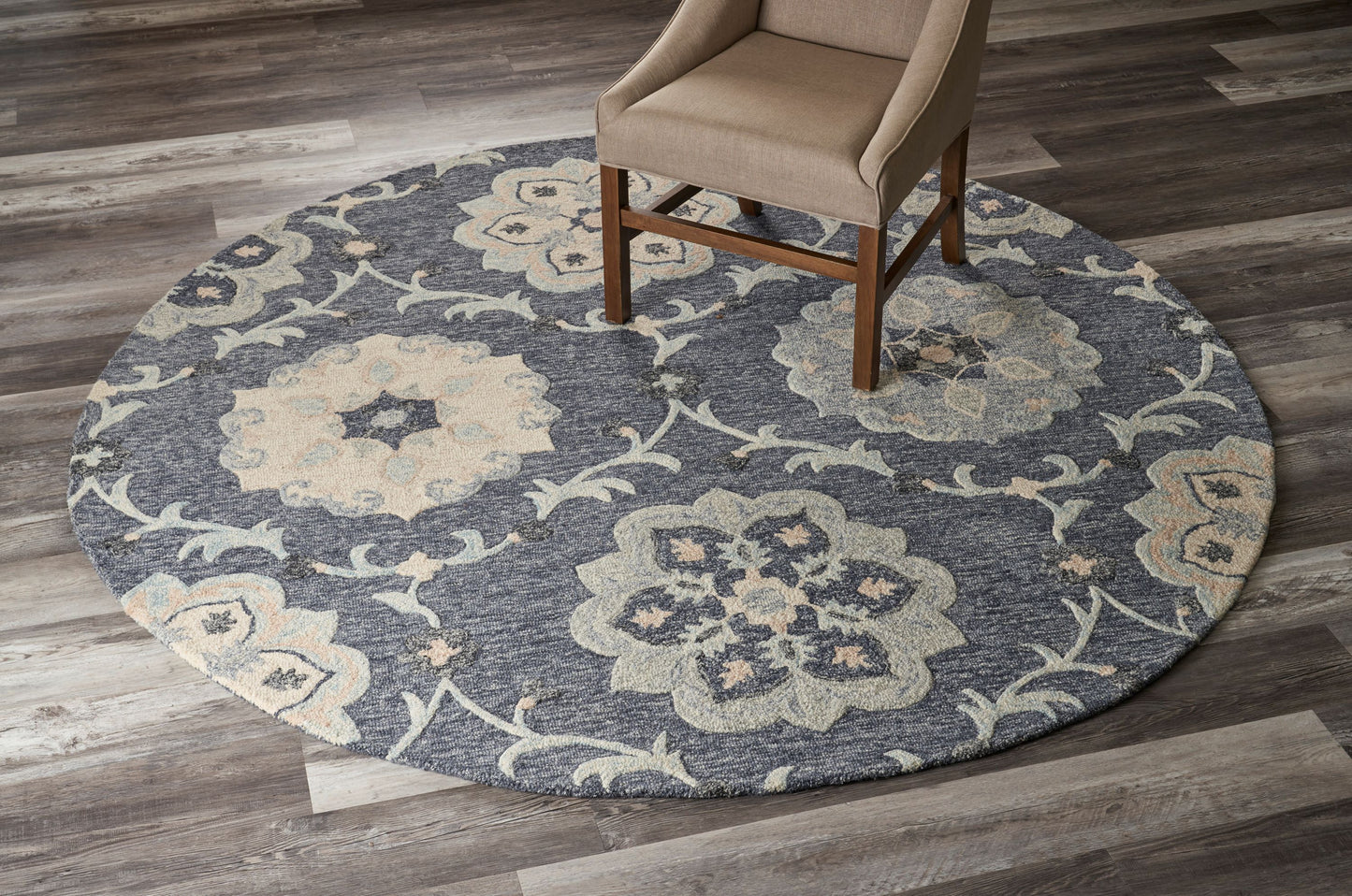 LR Home 4 x 4 (ft) Tufted Wool Dark Gray/Blue Round Indoor Floral/Botanical Farmhouse/Cottage Area rug