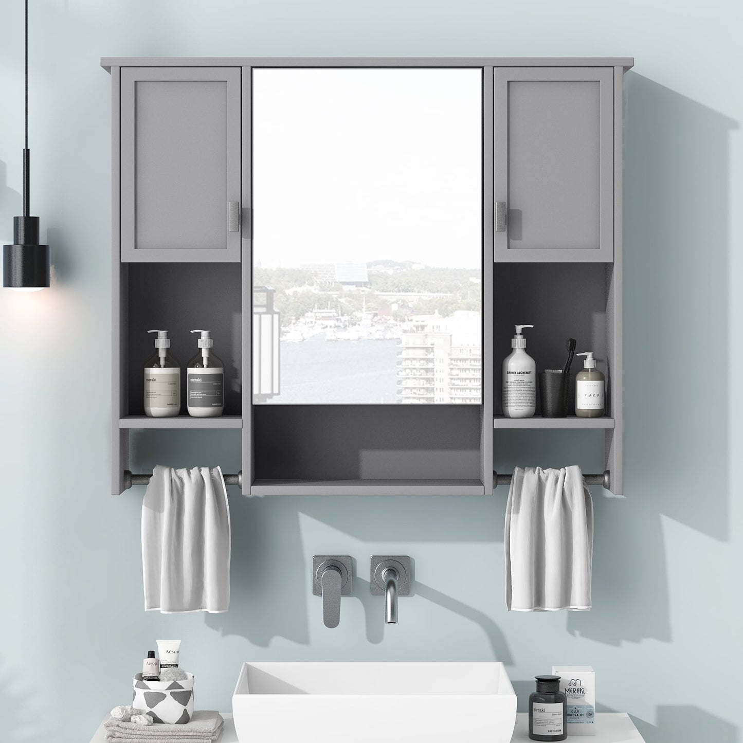 WELLFOR 35-in x 28.7-in Surface Mount Gray Mirrored Rectangle Soft Close Medicine Cabinet