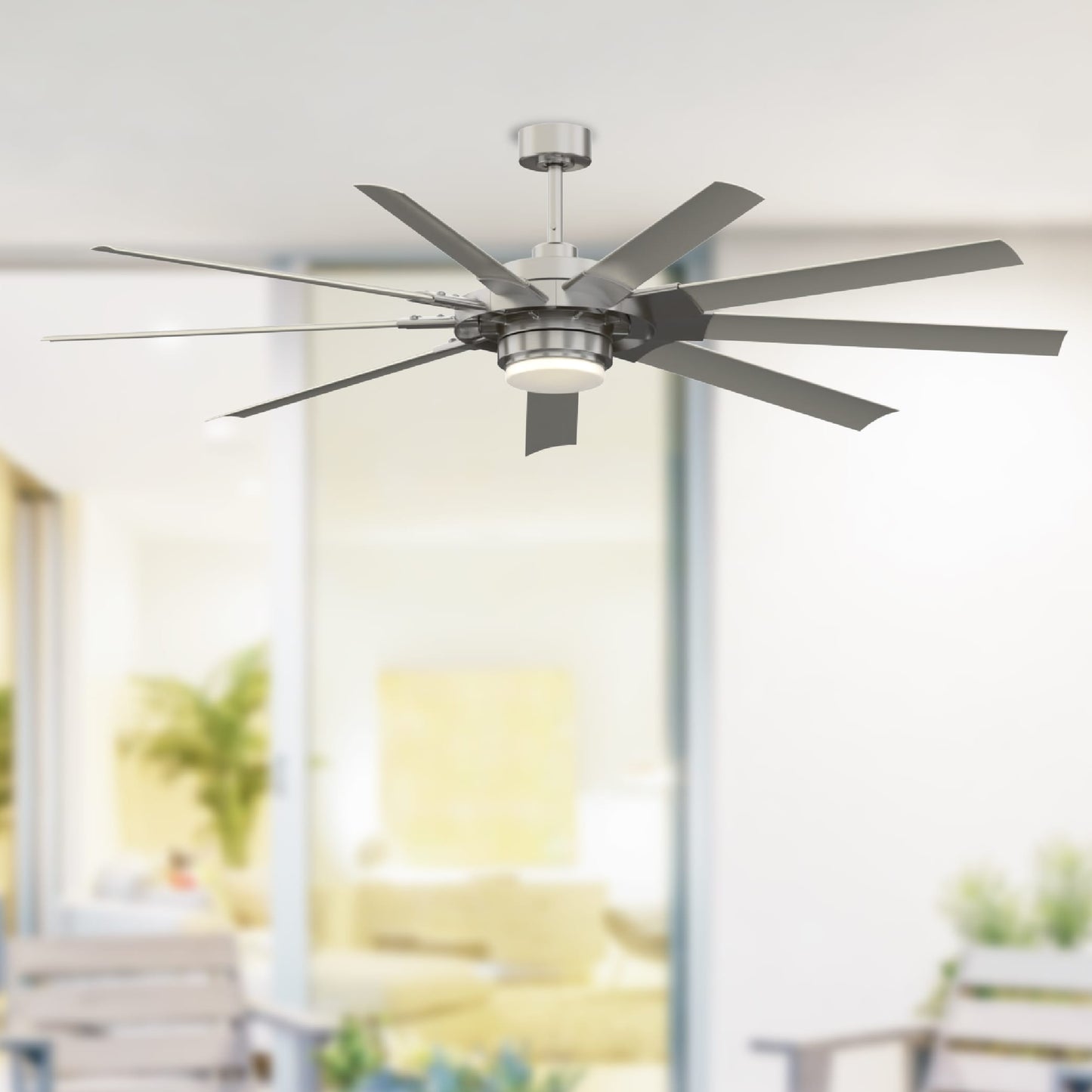Fanimation Studio Collection Slinger v2 72-in Color-Changing Integrated LED Outdoor Brushed Nickel with Gray Blades Ceiling Fan With Light - Remote Included ( 9 -Blade ) 581598