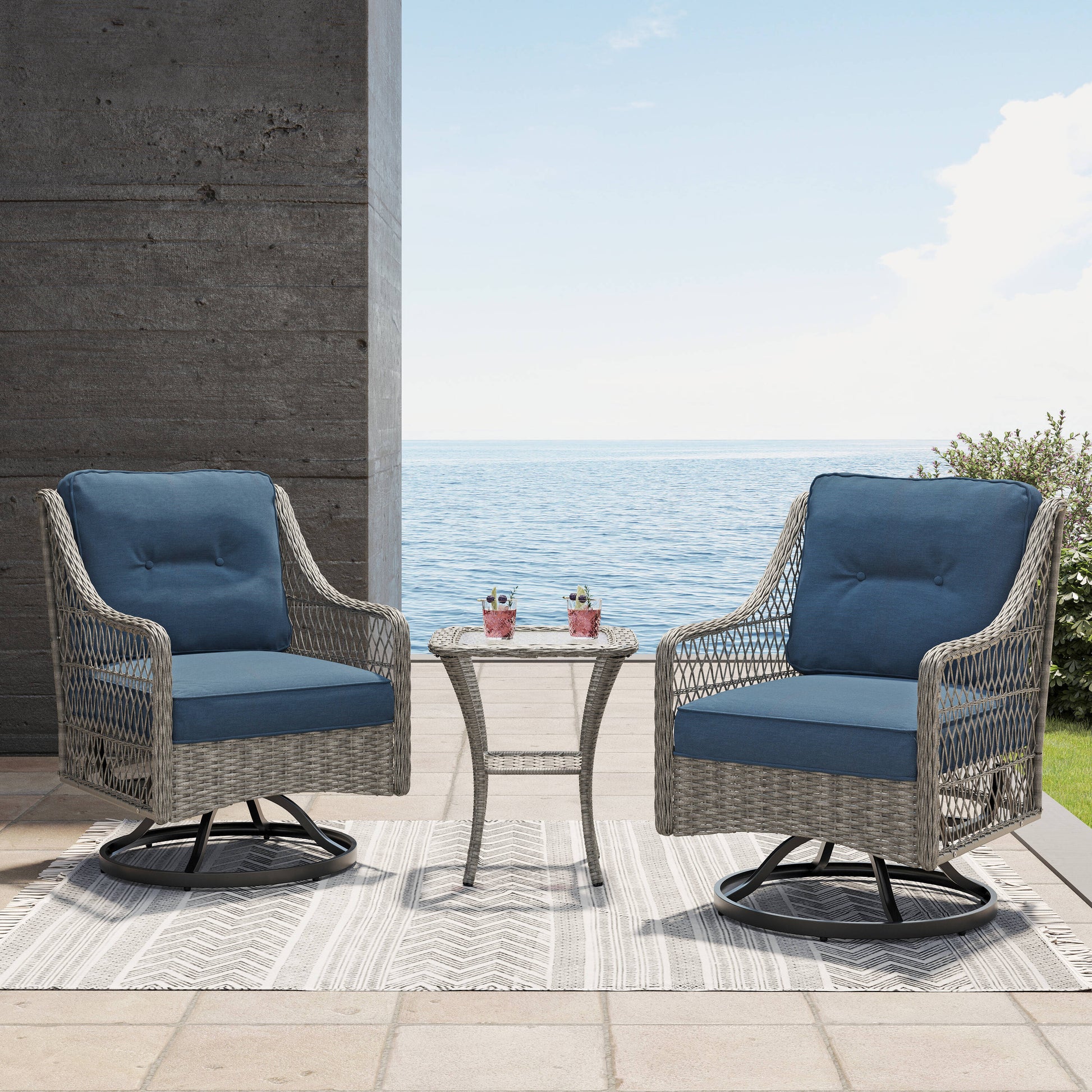 Octans 3 -Piece Wicker Patio Conversation Set with Blue Cushions