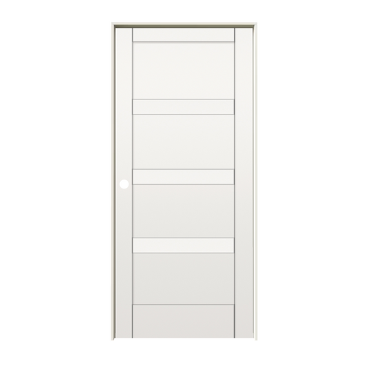 RELIABILT 30-in x 80-in Solid core 4 panel square Right hand Smooth Unfinished MDF Flat Jamb Single Prehung Interior Door