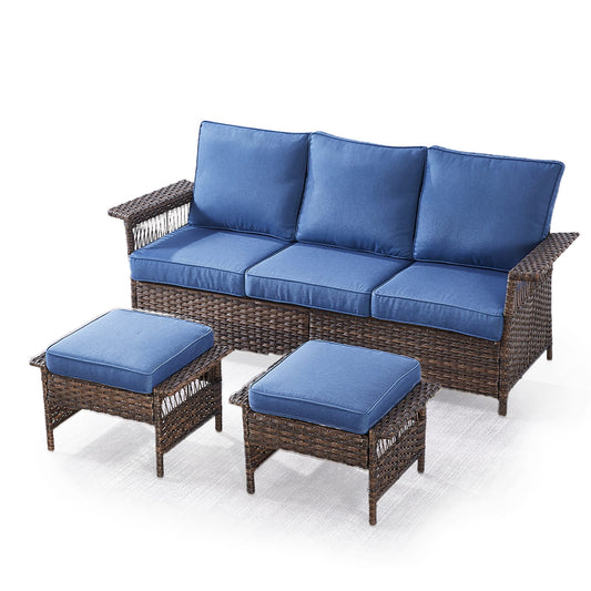 Rilyson Seagull Wicker Outdoor Sofa with Blue Cushions and Wicker Frame