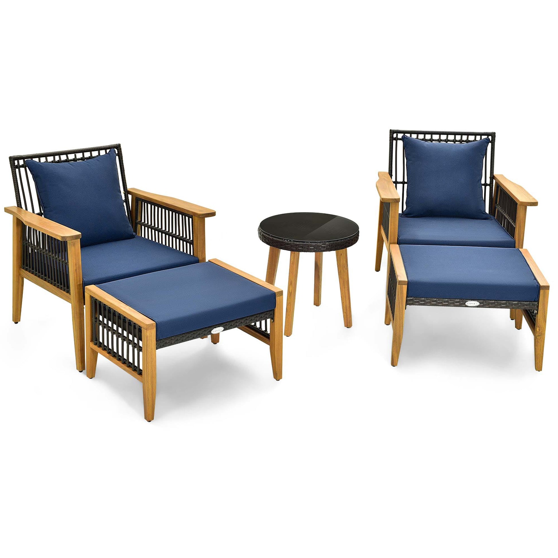 Costway 5 -Piece Rattan Patio Conversation Set with Blue Cushions
