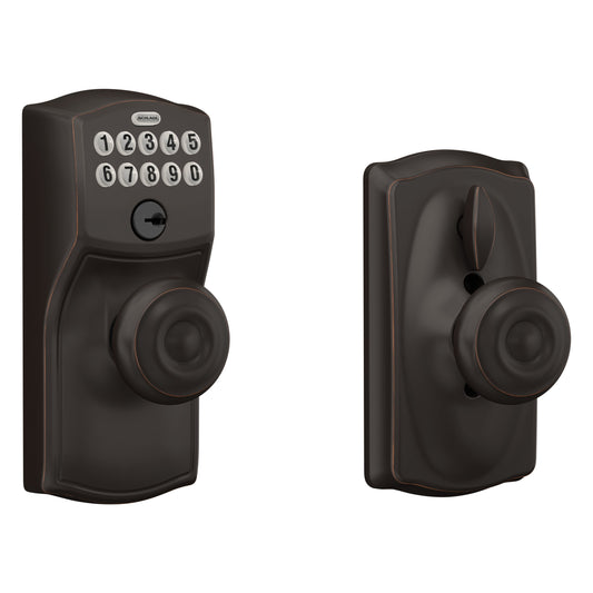 Schlage Customizable Keying Camelot-Georgian Aged Bronze Electronic Knob with Keypad FE595 CAM 716 GEO G