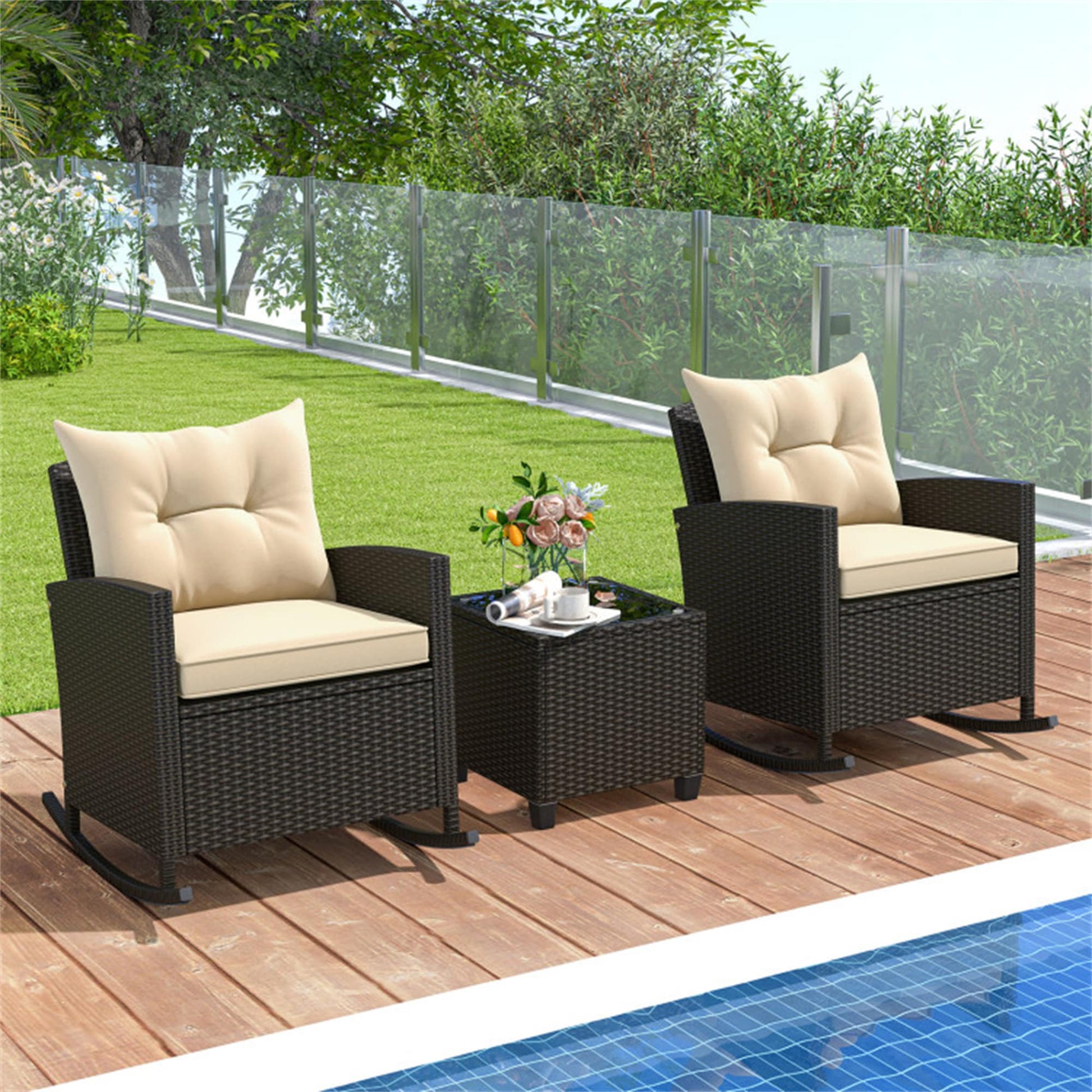 BABOOM Rattan Rocker Set 3 -Piece Rattan Patio Conversation Set with Off-white Cushions