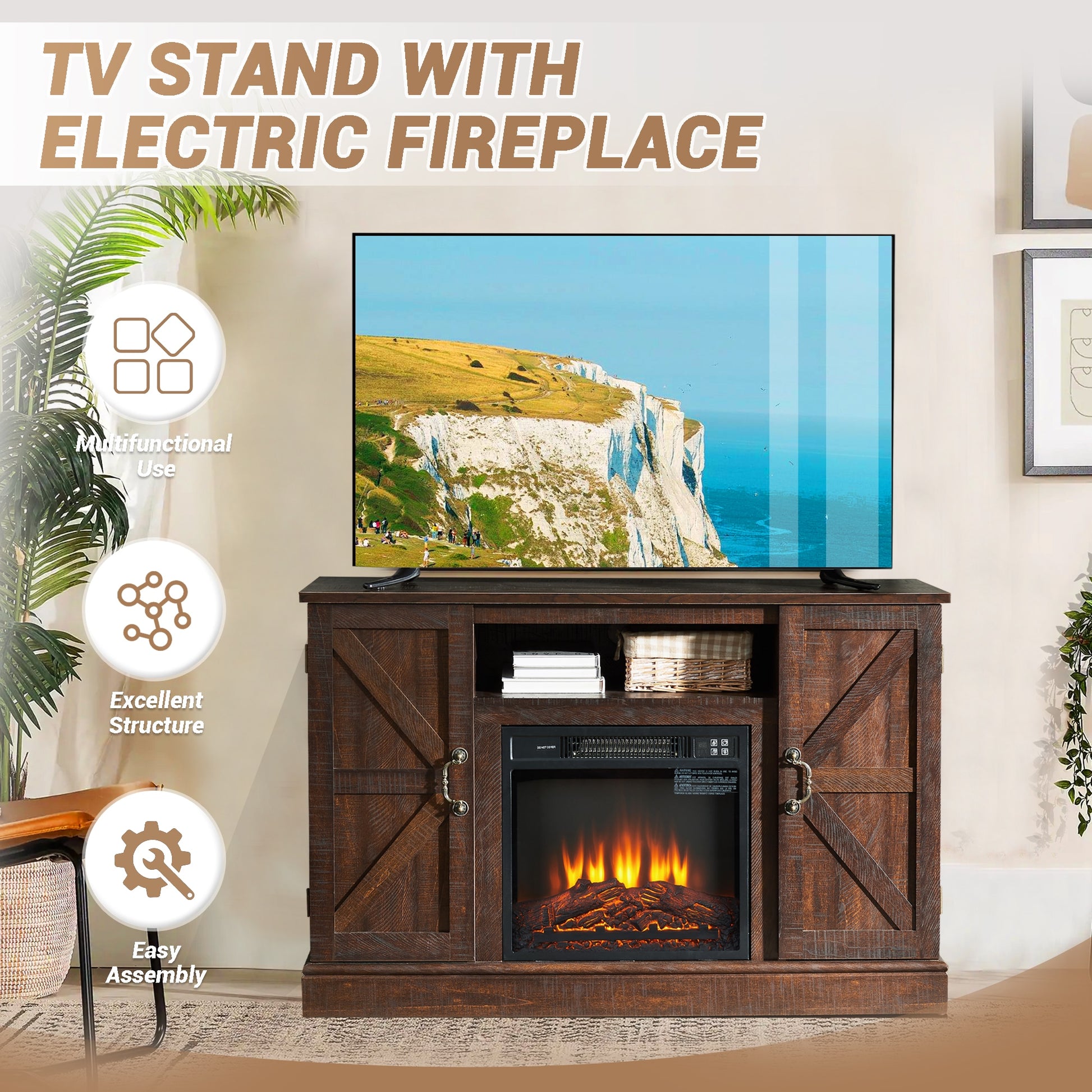 Fun Orange 47-in W Espresso TV Stand with Fan-forced Electric Fireplace FUN10FP06