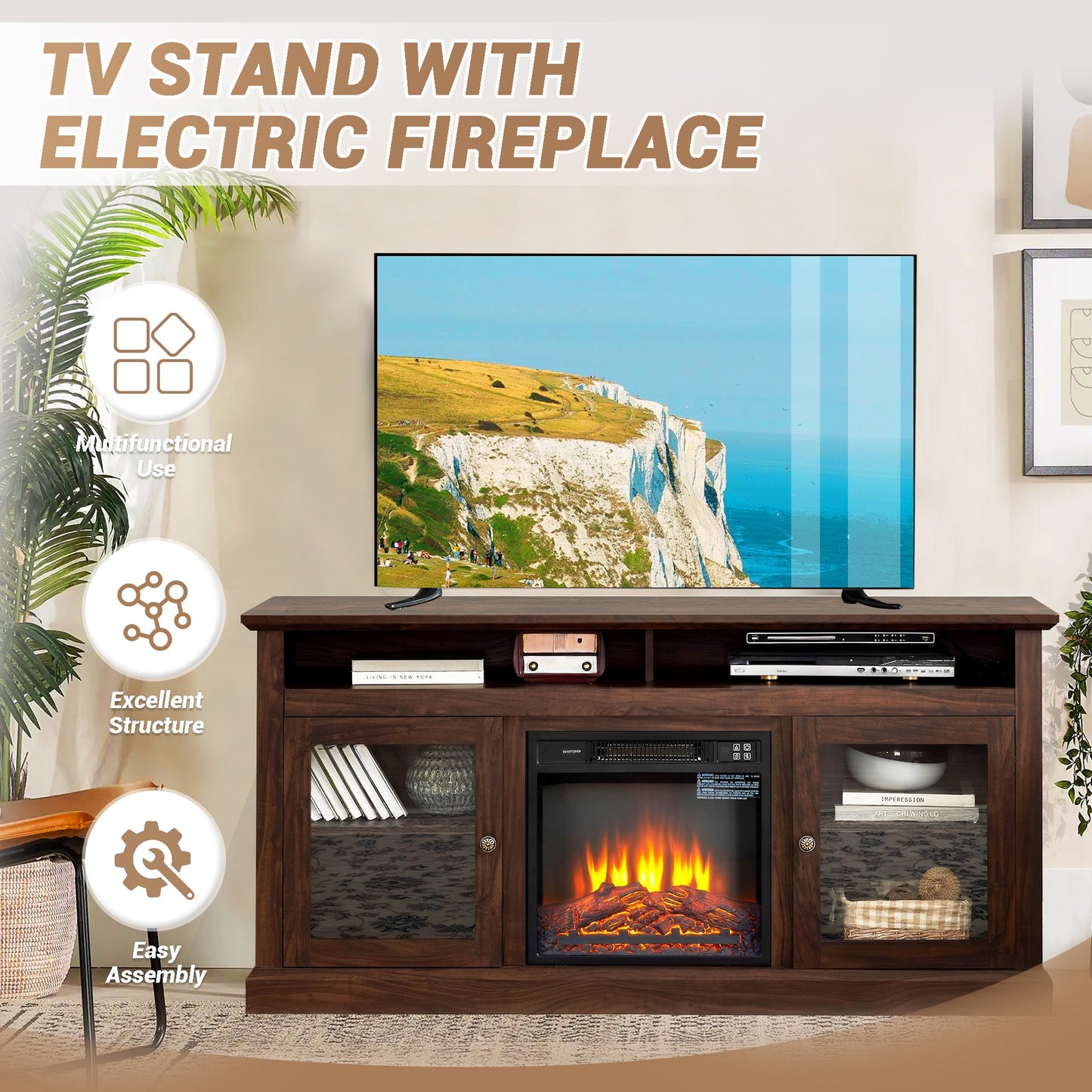Fun Orange 60-in W Brown TV Stand with Fan-forced Electric Fireplace FUN10FP07