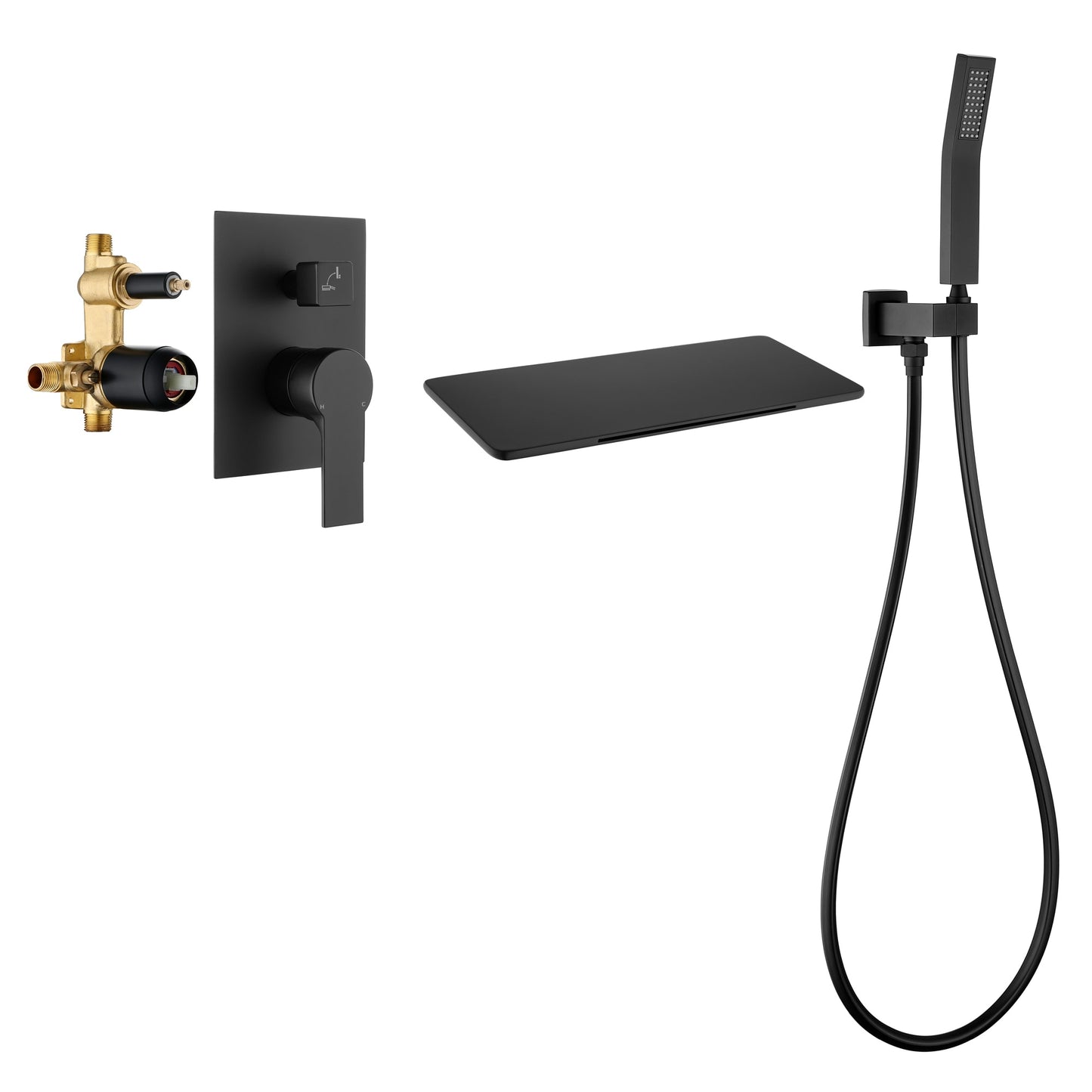 Nestfair Black 1-handle Wall-mount Mid-arc Bathtub Faucet with Hand Shower ( Valve Included )