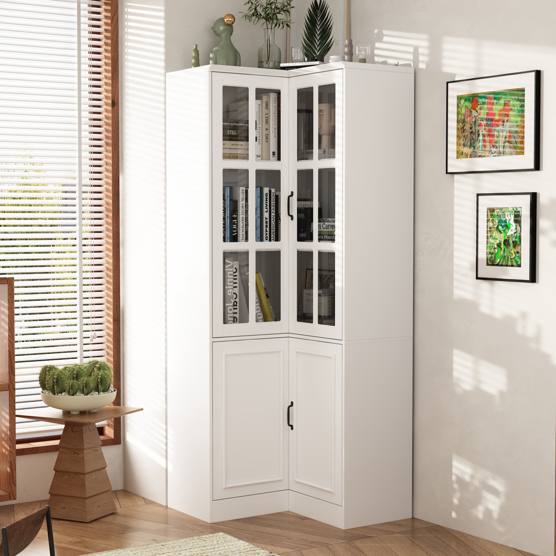 FUFU&GAGA White MDF 5 -Shelf Corner Bookcase with Doors ( 31.5-in W x 78.9-in H x 31.5-in D ) Finished