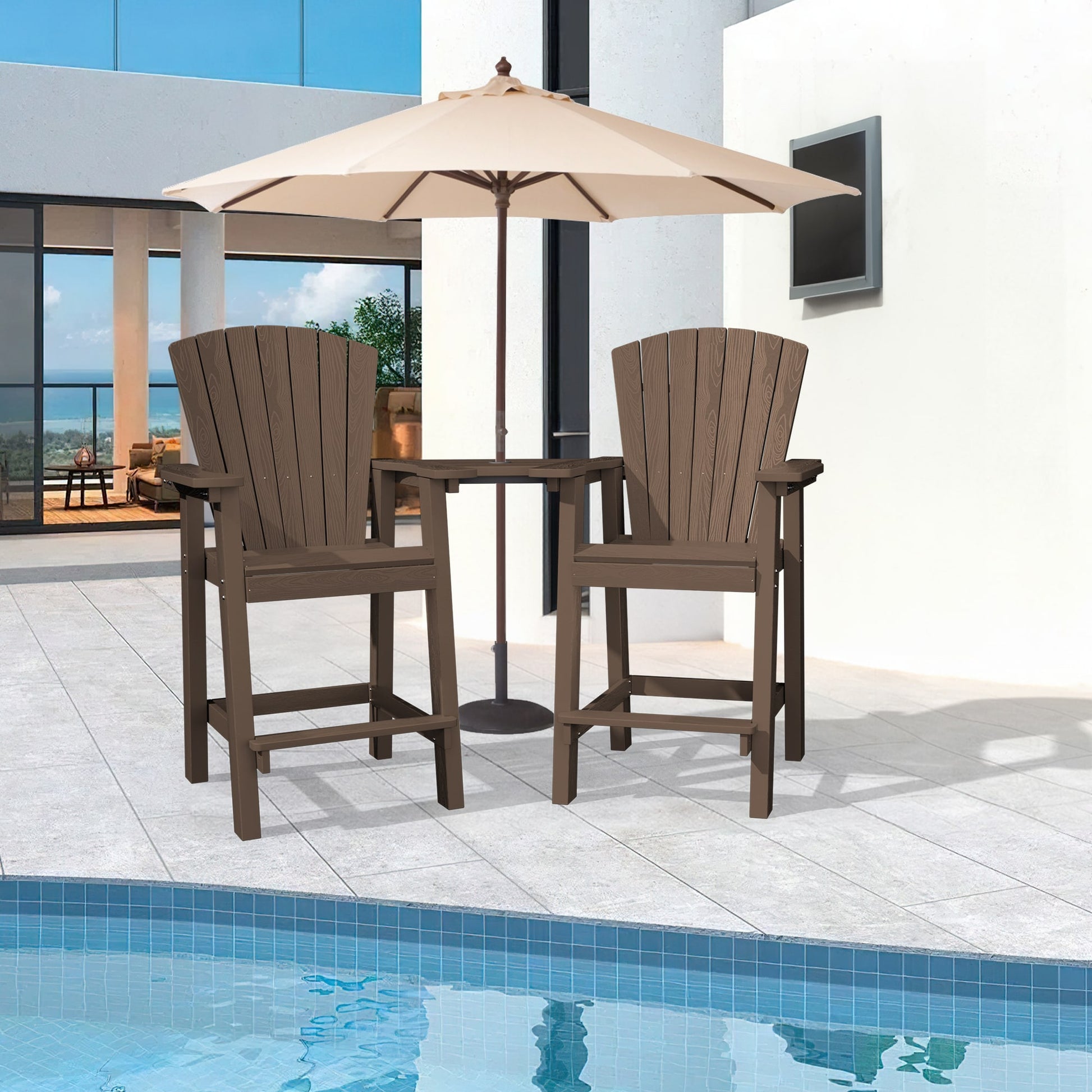 VOUA Patio HDPE Tall Bar Set With Umbrella Hole Set of 2 Coffee HDPE Frame Stationary Adirondack Chair with Slat Seat