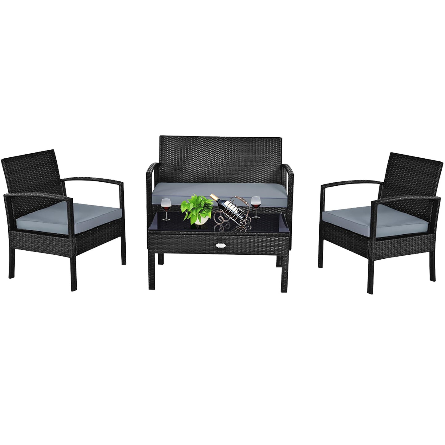 Costway Rattan Outdoor Sofa with Black Cushions and Rattan Frame