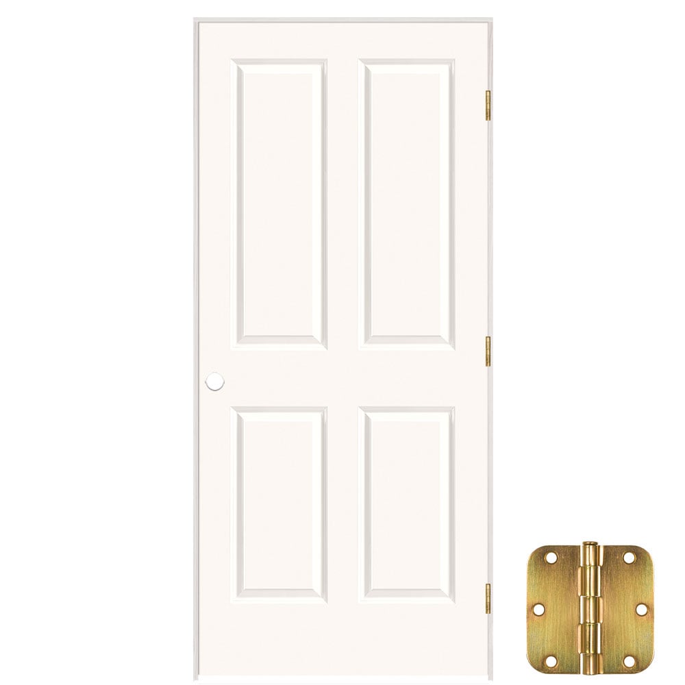 Masonite 36-in x 80-in Snowstorm Solid core 4 panel square Left hand Smooth Prefinished Molded composite Flat Jamb Single Prehung Interior Door