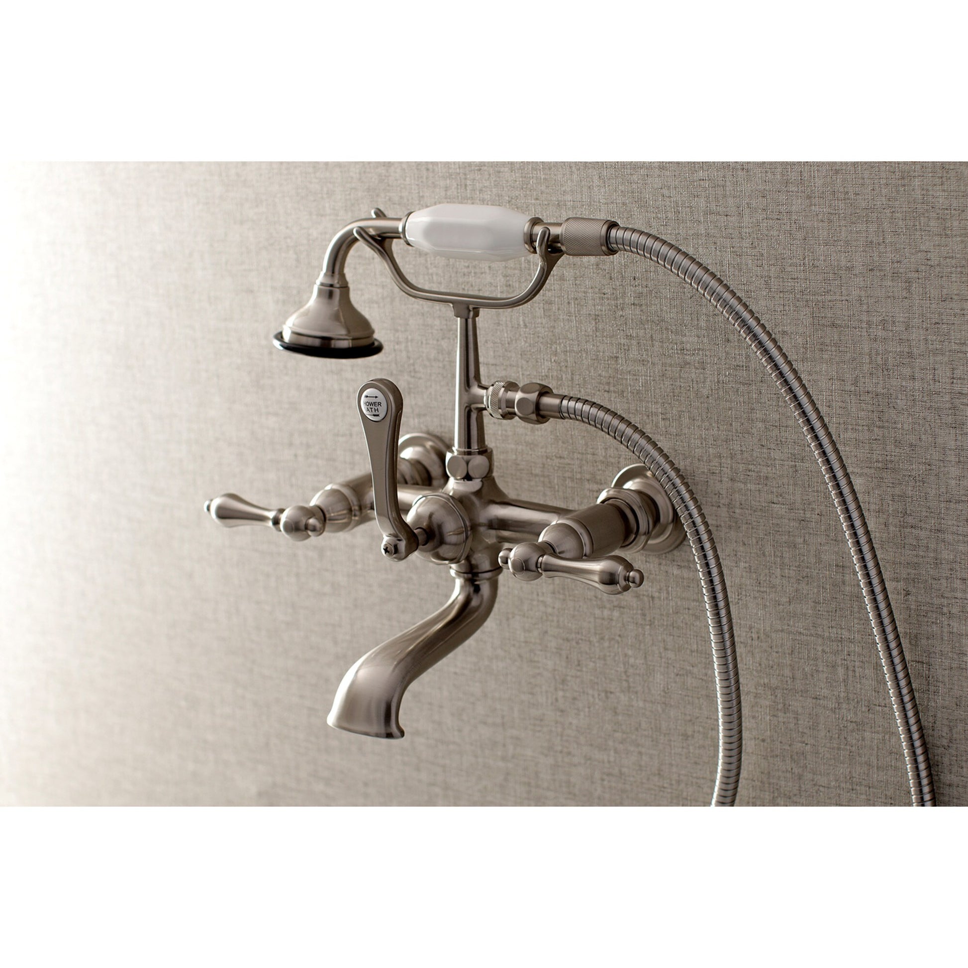 Kingston Brass Vintage Brushed nickel 3-handle Wall-mount Low-arc Bathtub Faucet with Hand Shower ( Valve Included )