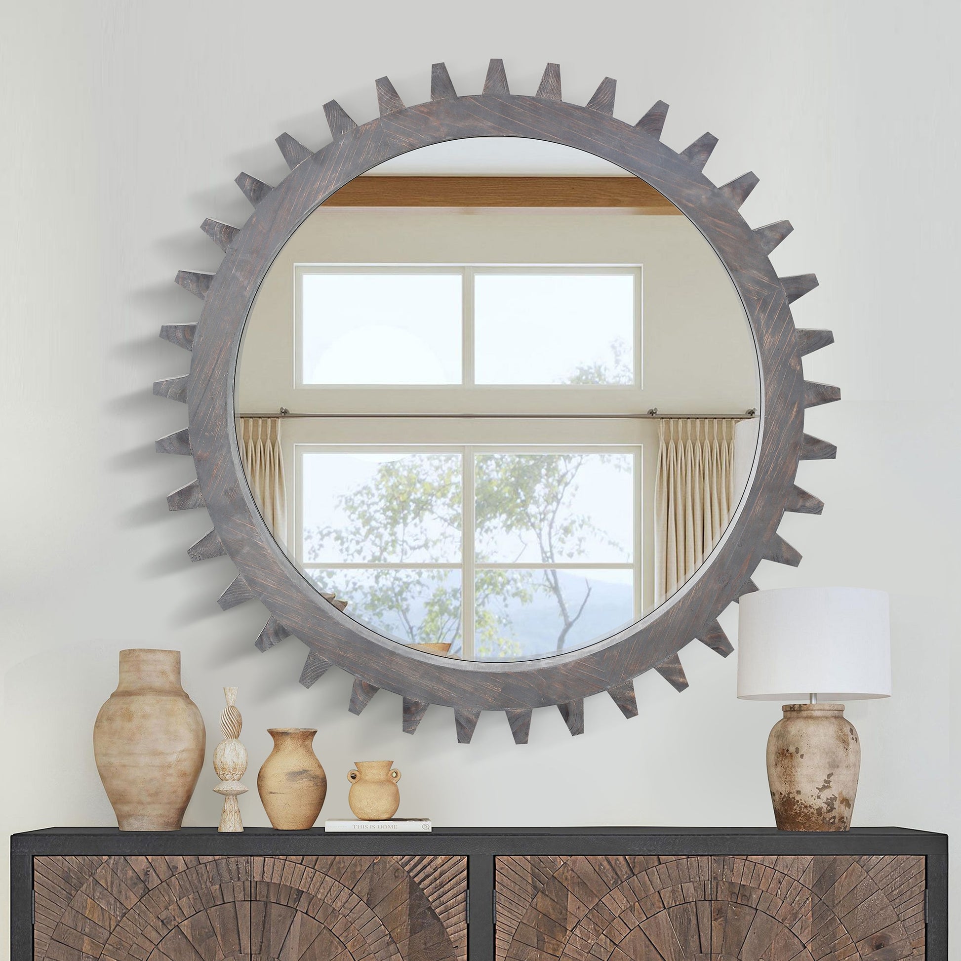 SINOFURN 42-Inches W x 42.0-Inches H Sunburst Brown Framed Wall Mirror