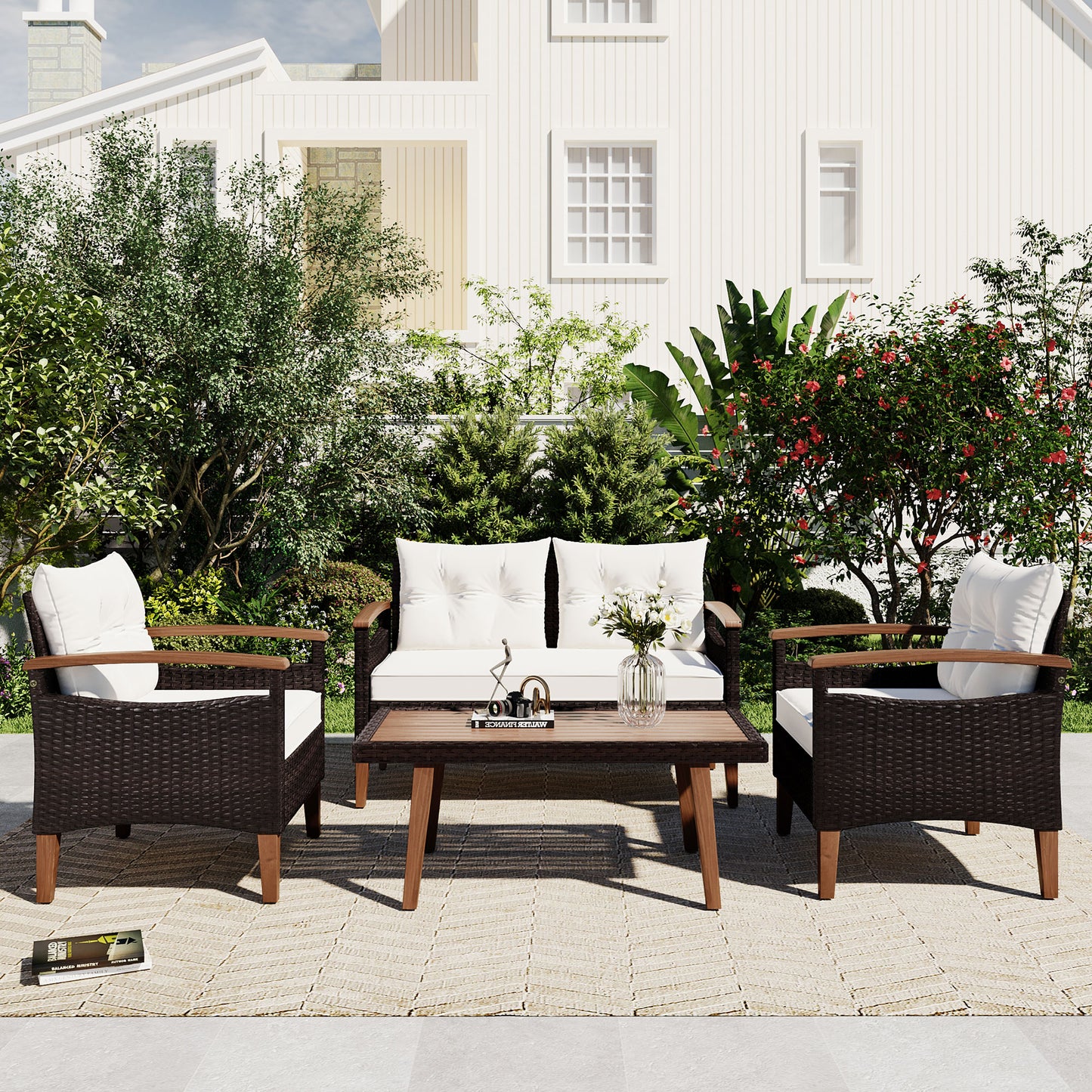 AAZJ Patio Conversation Sets 4 -Piece Wicker Patio Conversation Set with Beige Cushions