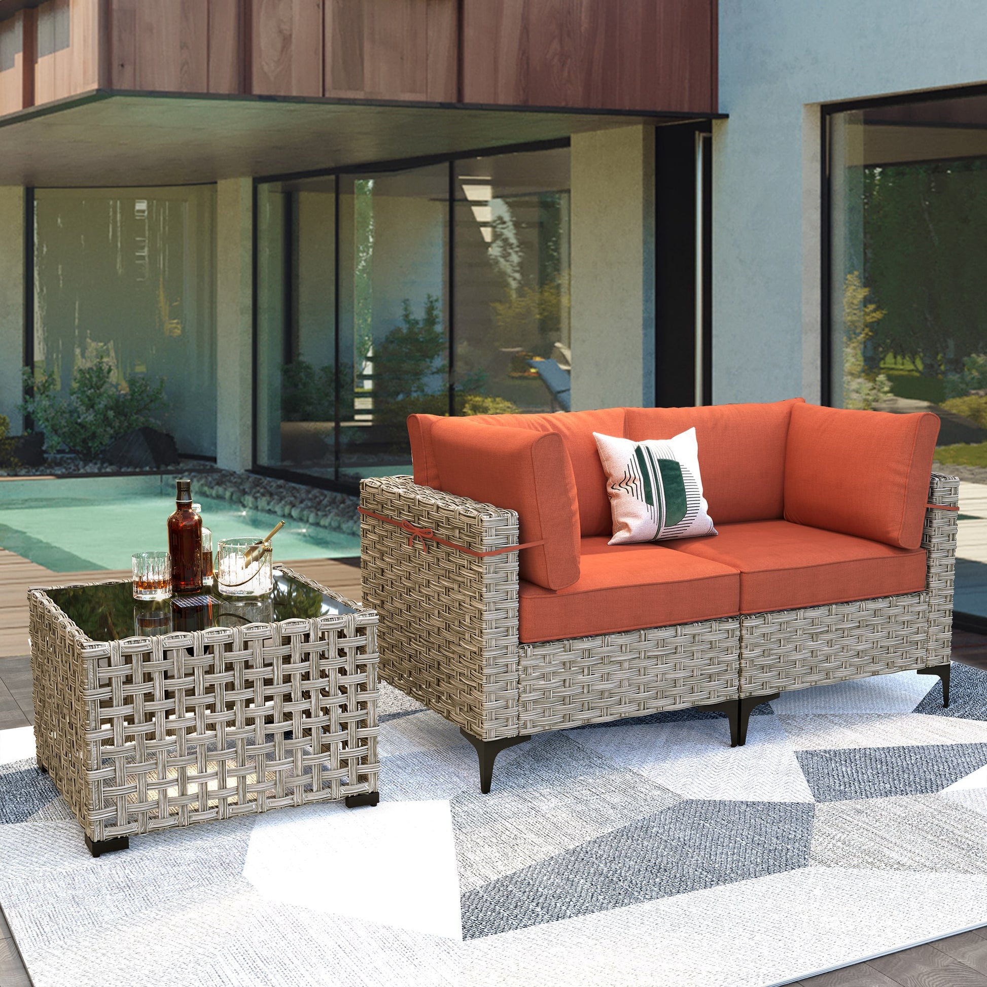 Ovios Wicker Outdoor Loveseat with Orange Cushions and Iron Frame