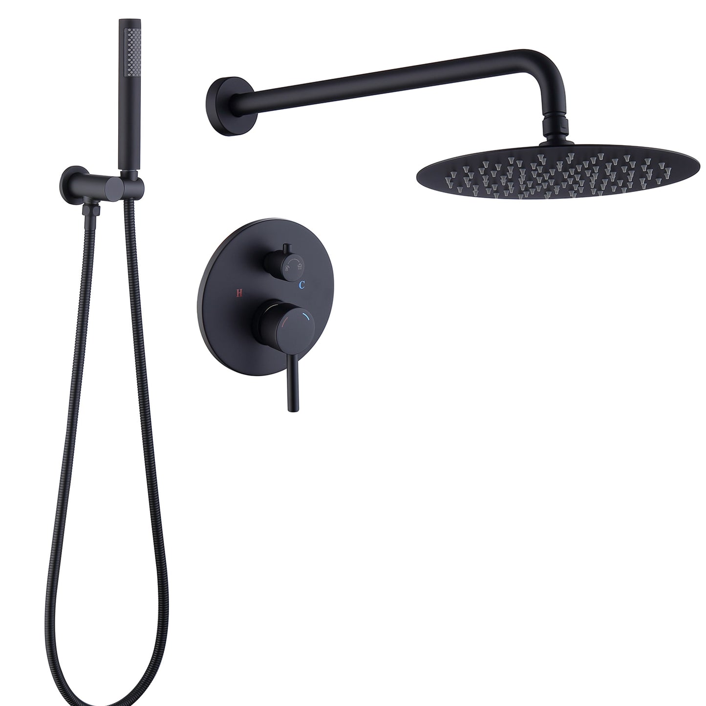 WELLFOR ZC Matte black 10-in Waterfall Dual Head Built-In ShowerÂ FaucetÂ System with 2-way Diverter ( Pressure-balanced Valve Included )
