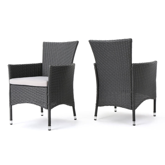 Clihome Wicker Black Wicker Frame Stationary Dining Chair with White Cushioned Seat