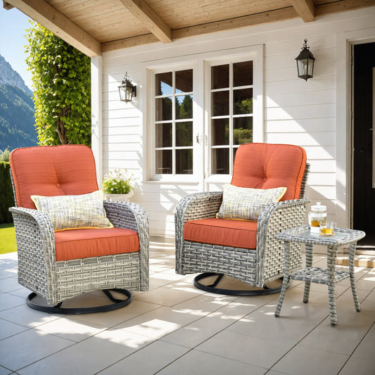 Pouuin 3 -Piece Wicker Patio Conversation Set with Orange Cushions