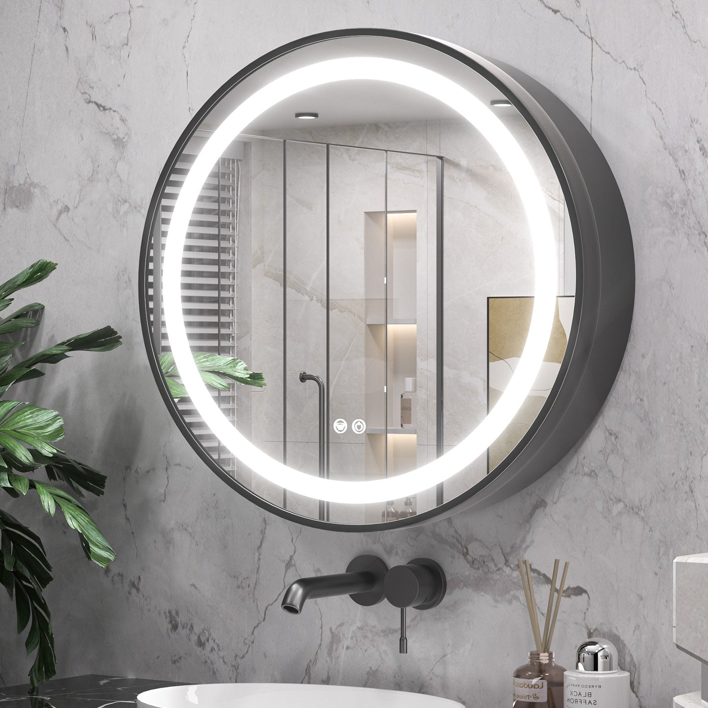 Keonjinn 28-in x 28-in Lighted LED Fog Free Surface Mount Silver Mirrored Round Soft Close Medicine Cabinet with Outlet