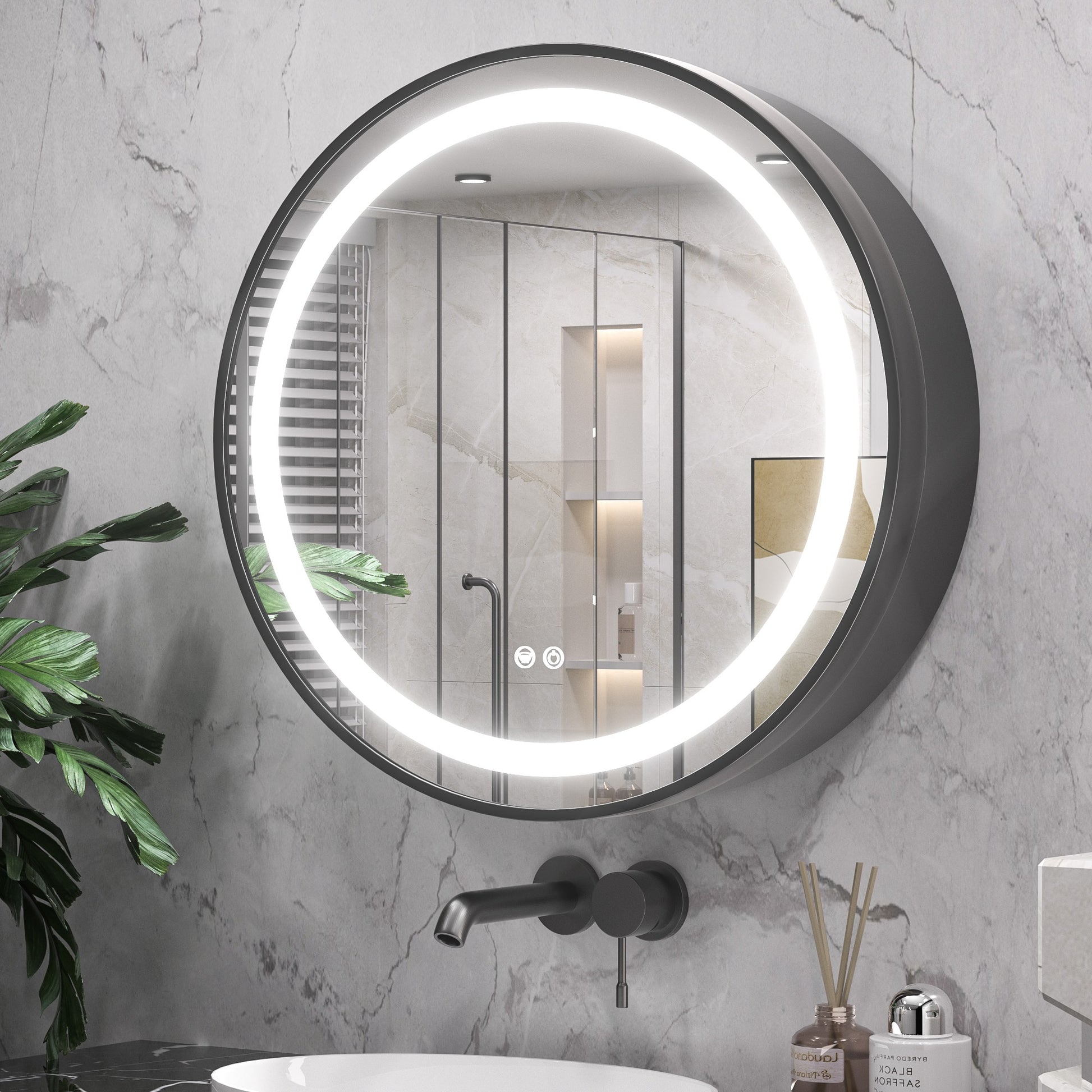 Keonjinn 28-in x 28-in Lighted LED Fog Free Surface Mount Silver Mirrored Round Soft Close Medicine Cabinet with Outlet