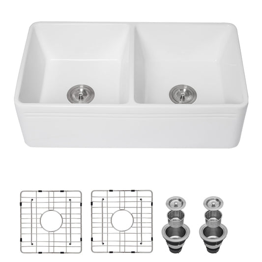 Lordear 50/50 Bowl Farmhouse apron front 33-in x 18-in Fireclay Double equal bowl Kitchen Sink