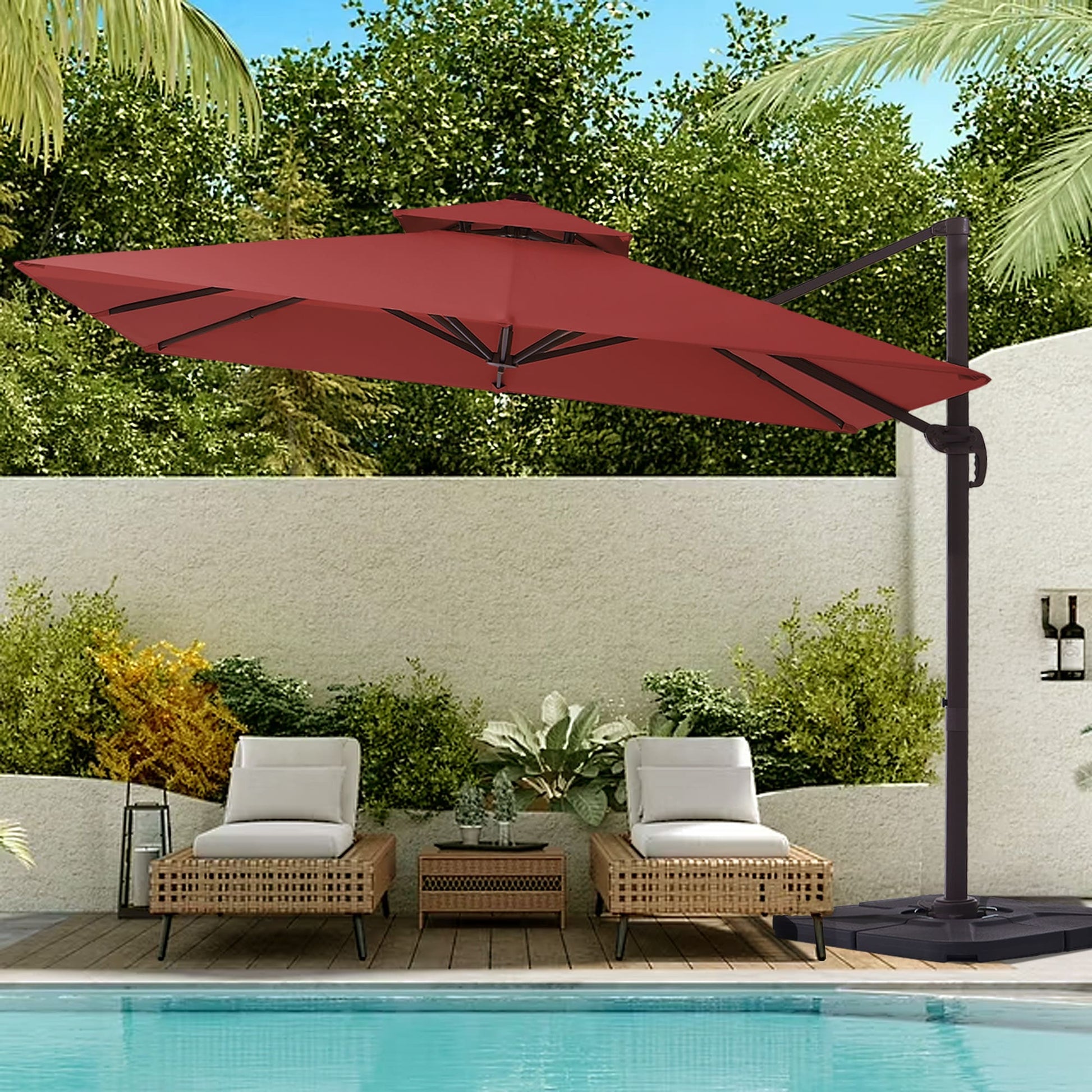 VOUA 11-ft Aluminum Red Crank Cantilever Patio Umbrella with Base