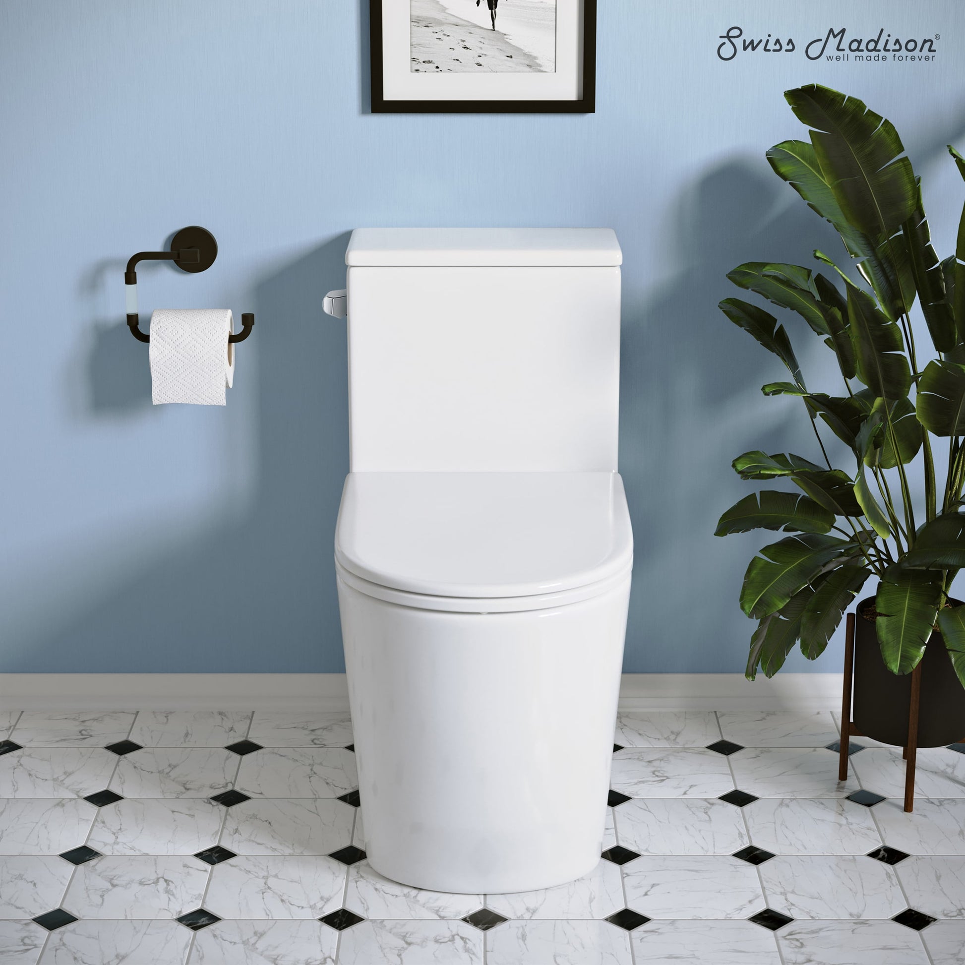 Swiss Madison Nice Glossy White Elongated Tall height 12-in Rough-In 1.28 GPF Soft Close 1-piece Toilet