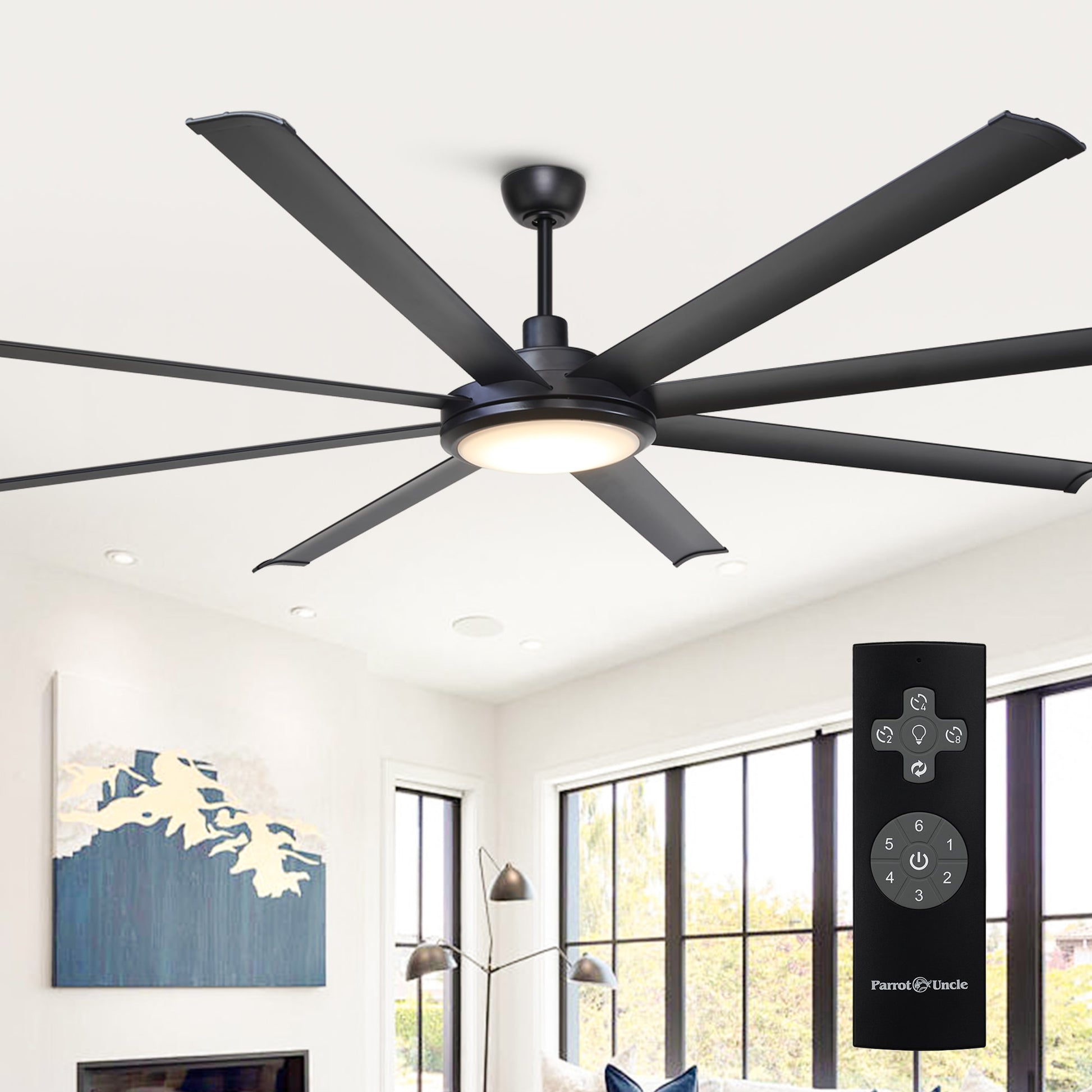 Parrot Uncle Large Ceiling Fan 75-in Integrated LED Outdoor Black with Black Blades Ceiling Fan With Light - Remote Included ( 8 -Blade ) 5019909