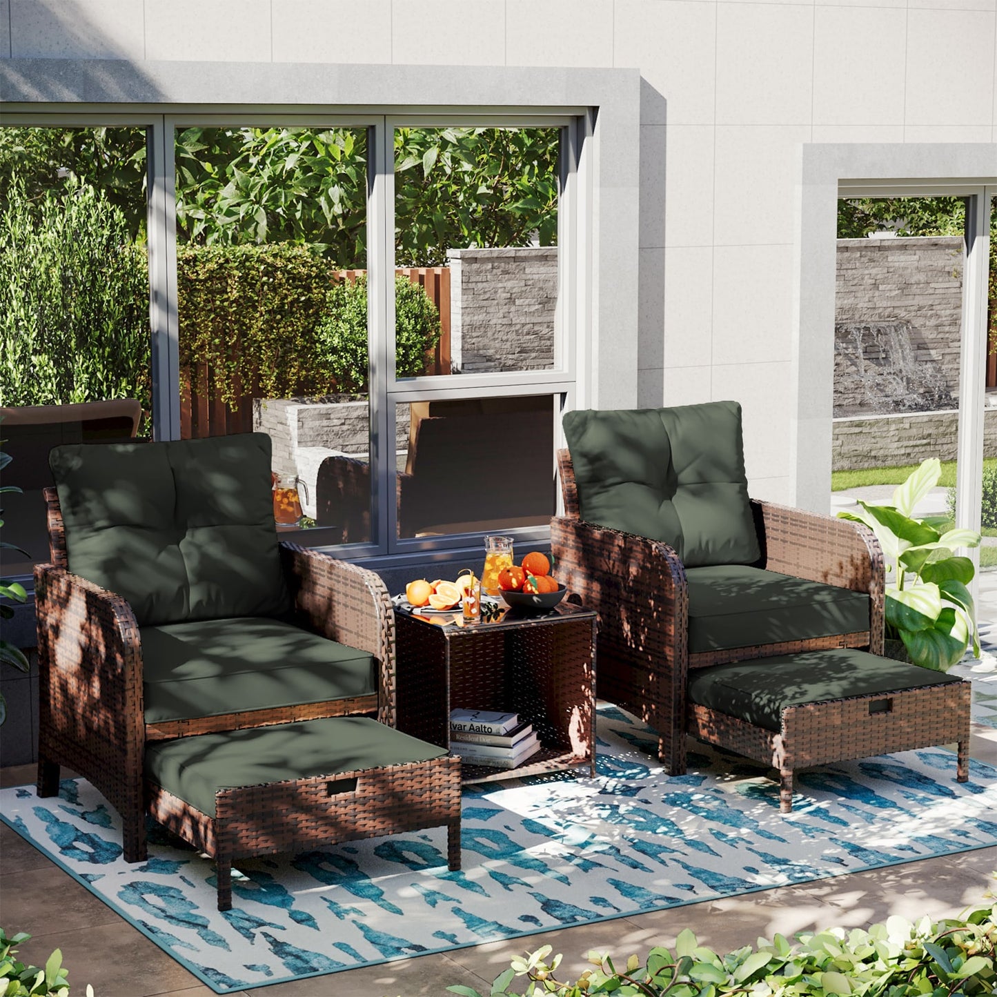Patio Watcher 5 -Piece Rattan Patio Conversation Set with Green Cushions
