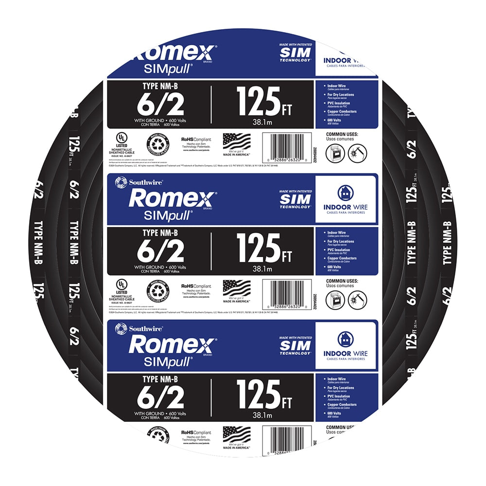 Southwire 125-ft 6 / 2 / Romex SIMpull Stranded Indoor CU NM-B W/G Individual pack ( By-the-roll )