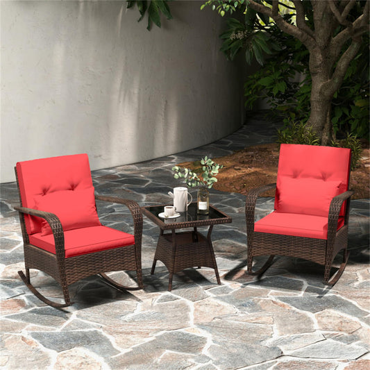 BABOOM Outdoor Furniture Set 3 -Piece Rattan Patio Conversation Set with Red Polyester Cushions