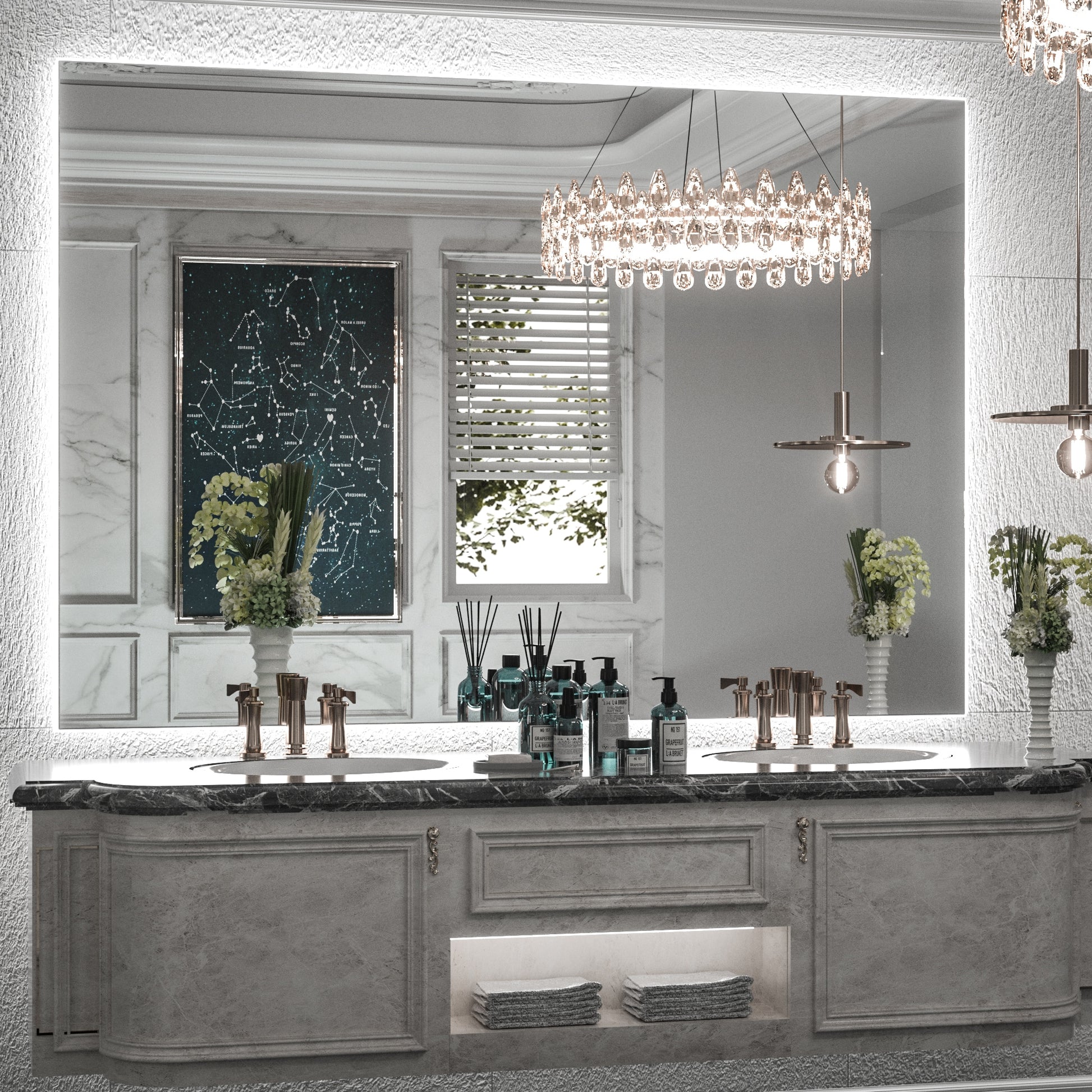 Keonjinn Backlit Tempered Glass Bathroom Mirrors 48-in x 36-in Polished Frameless Rectangle Dimmable LED Lighted Fog Free Bathroom Vanity Mirror ( Bright White )