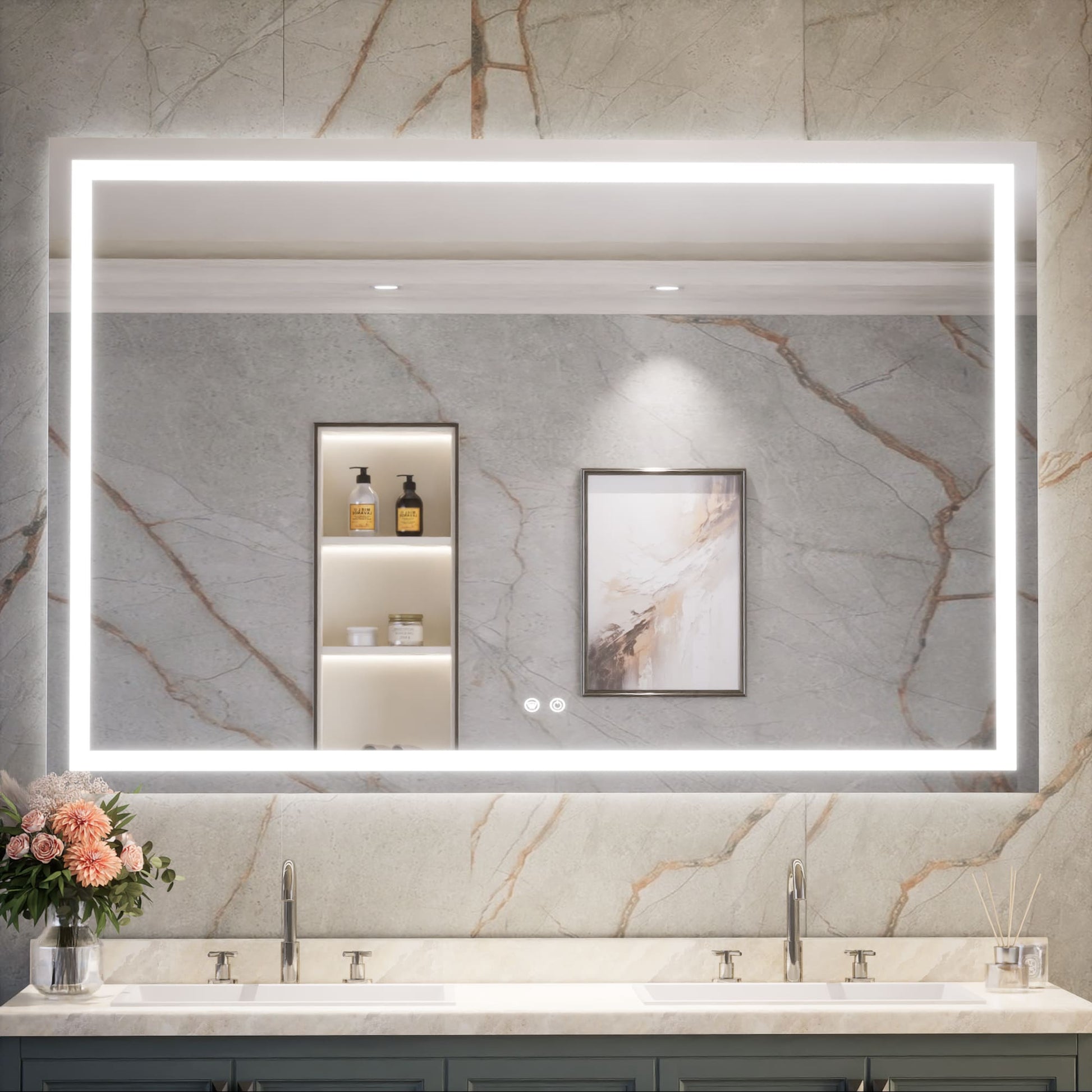 Keonjinn Backlit + Frontlit Tempered Glass Bathroom Mirrors 60-in x 40-in Polished Frameless Rectangle Dimmable LED Lighted Fog Free Bathroom Vanity Mirror ( Silver )